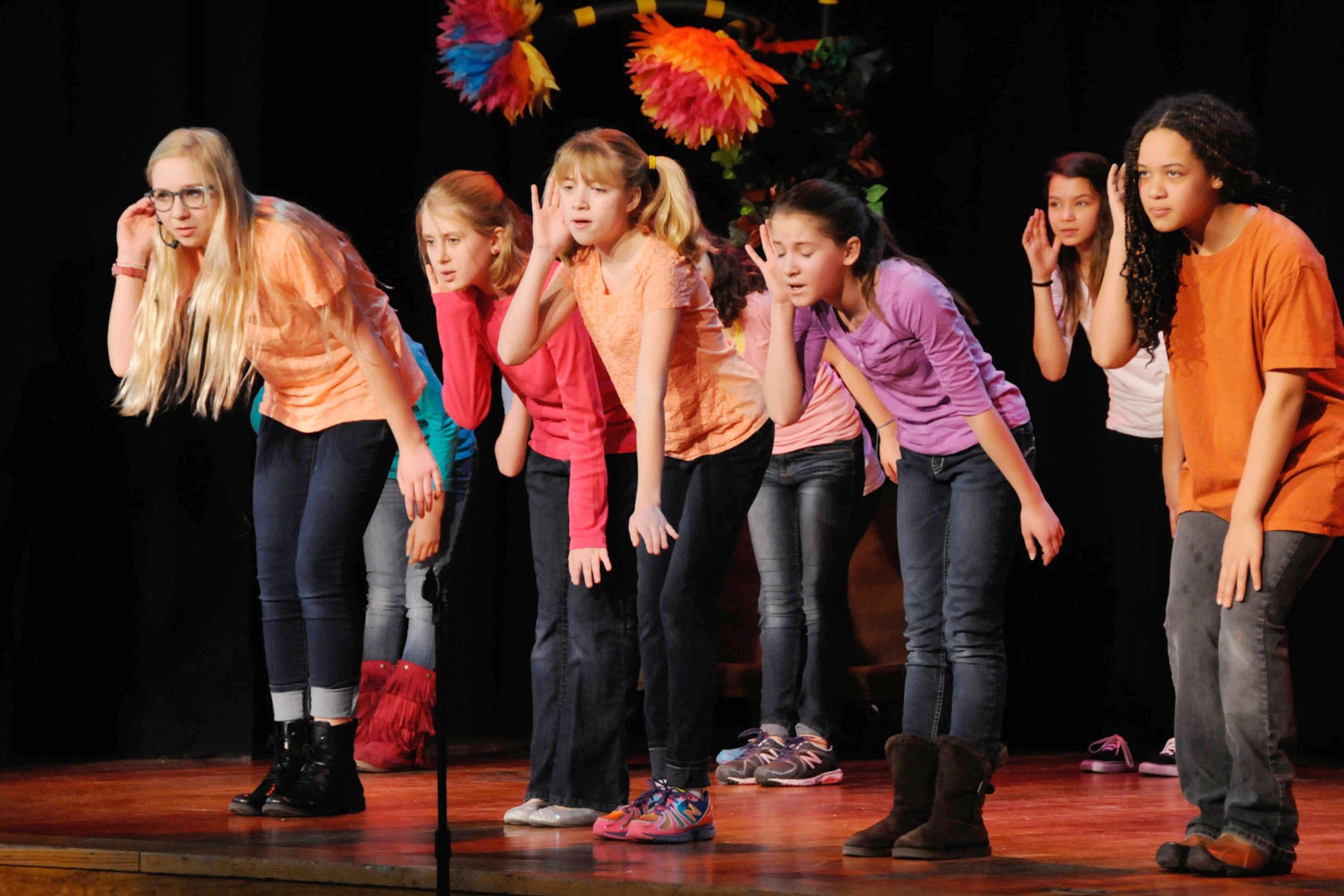 Hanscom Middle School students perform during a dress rehearsal of the musical, Seussical the Musical, at the school Jan. 31. Students will perform this to the public Feb. 7 and 8 at 6:30 p.m. at the Hanscom Middle School. The play's story if based on many of Dr. Seuss's most famous books. (U.S. Air Force photo by Linda LaBonte Britt)