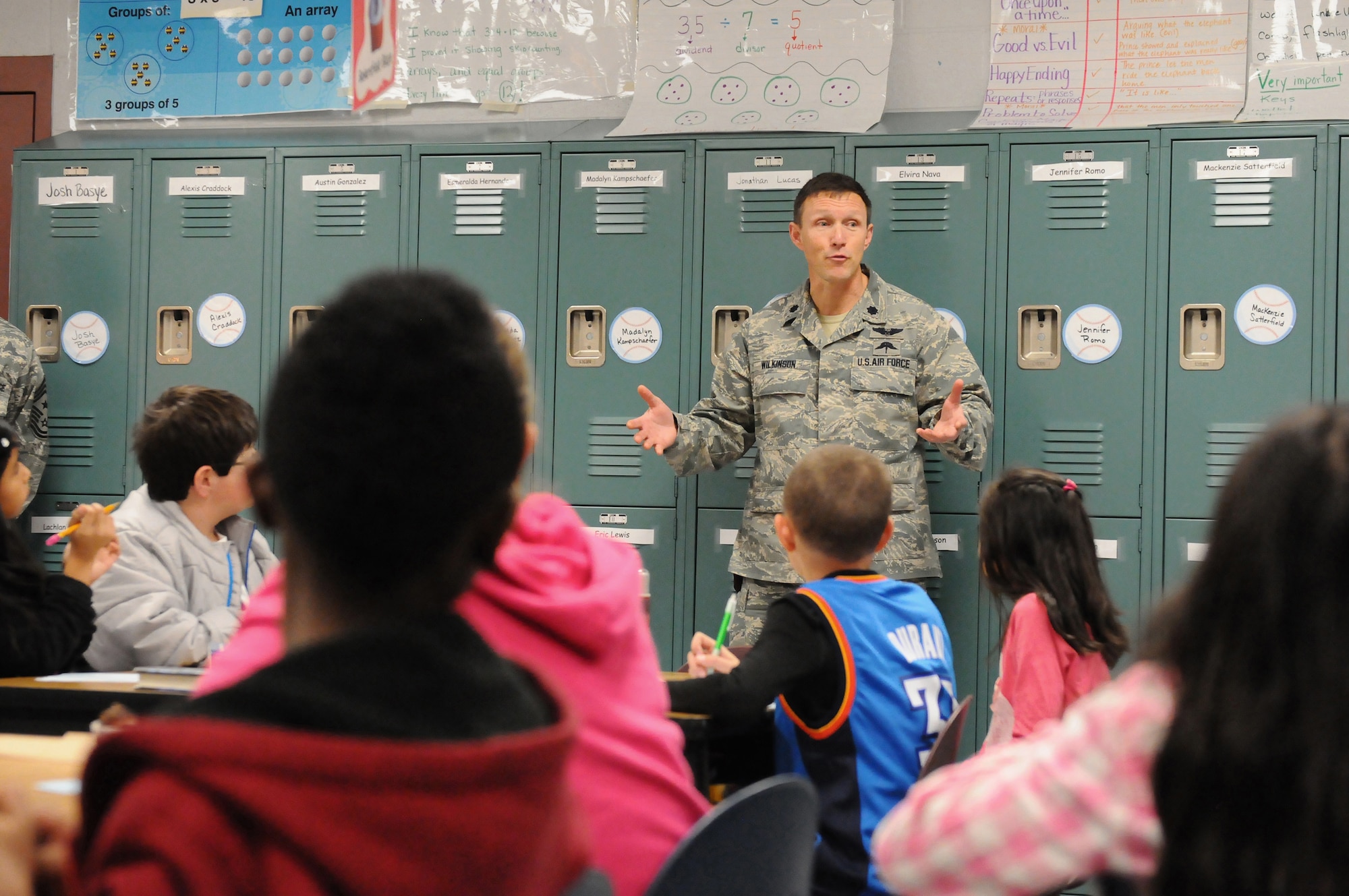 Lt. Col. Jeffrey Wilkinson, vice commander of the Kentucky Air National Guard’s 123rd Airlift Wing in Lousiville, Ky., visits fourth-grade students from Clear Creek Elementary School in Shelbyville, Ky., Jan. 9, 2014, to thank them for their support of the Wing's deployed Airmen. The students “adopted” unit members who are currently serving in Afghanistan, sending them letters and snacks. (U.S. Air National Guard photo by Staff Sgt. Vicky Spesard)