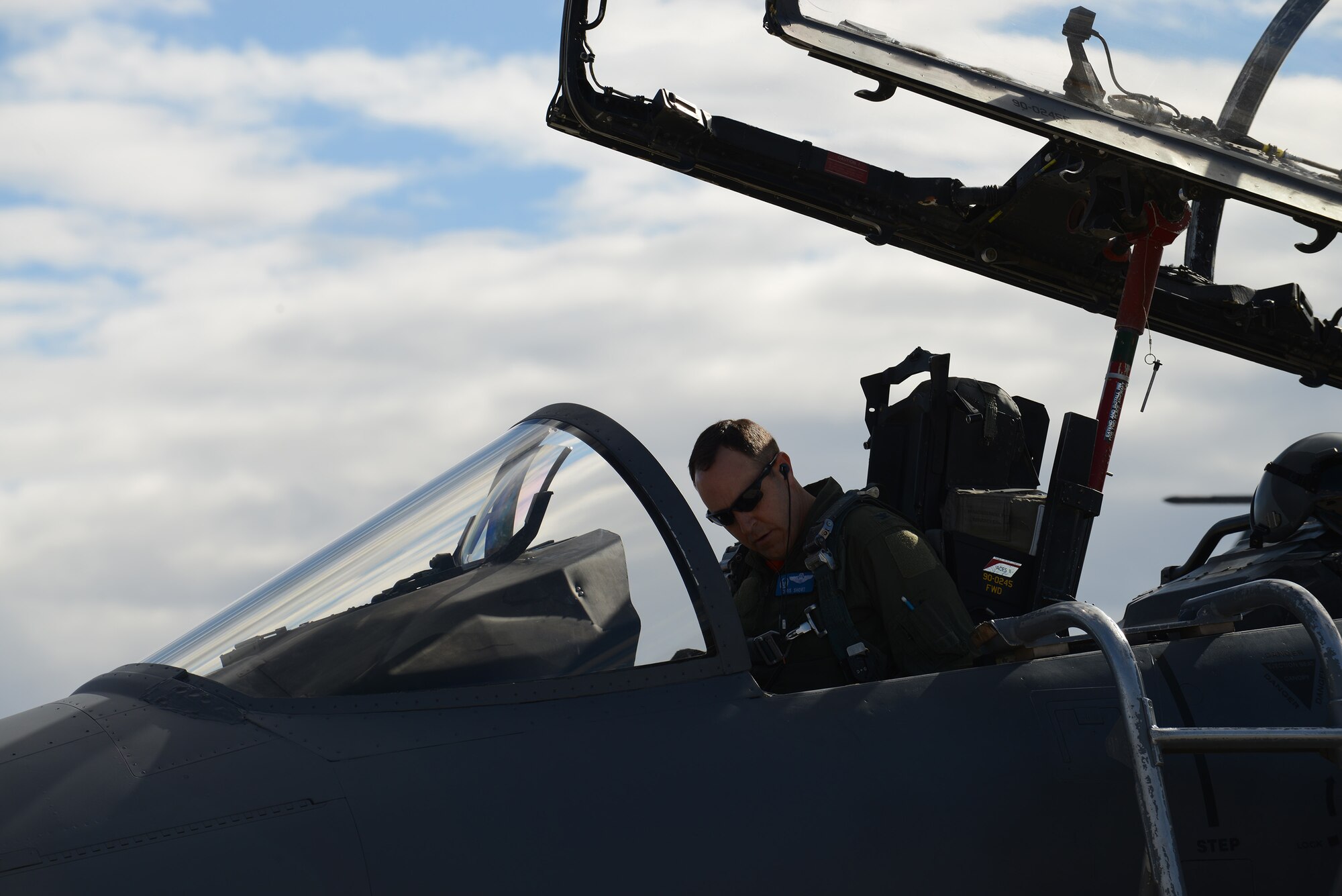 Col. Chris Short, 366th Fighter Wing commander from Mountain Home Air Force Base, Idaho, performs his preflight checklist inside an F-15E Strike Eagle Jan. 31, 2014, at Nellis Air Force Base, Nev. Twelve aircraft along with more than 150 personnel from Mountain Home AFB are currently on temporary duty assignment at Nellis AFB, participating in the multinational combat exercise Red Flag 14-1. Red Flag gives aircrews and air support operations service members from various airframes, military services and allied countries an opportunity to integrate and practice combat operations. (U.S. Air Force photo by Senior Airman Benjamin Sutton/Released)
