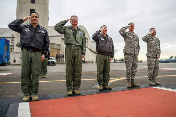 From left, Col. David Kumashiro, 62nd Airlift Wing commander, Col. Bruce Bowers, 446th AW commander, Col. Jeffrey Philippart, 62nd AW vice commander, Chief Master Sgt. Gordon Drake, 62nd AW command chief, and Chief Master Sgt. Tony Mack, 446th AW command chief, salute Air Force Chief of Staff Gen. Mark A. Welsh III as he departs Feb. 4, 2014, at Joint Base Lewis-McChord, Wash. Welsh and his wife, Betty, met with members of Team McChord to learn about some of the unique missions on JBLM. (U.S. Air Force photo/Tech. Sgt. Sean Tobin)