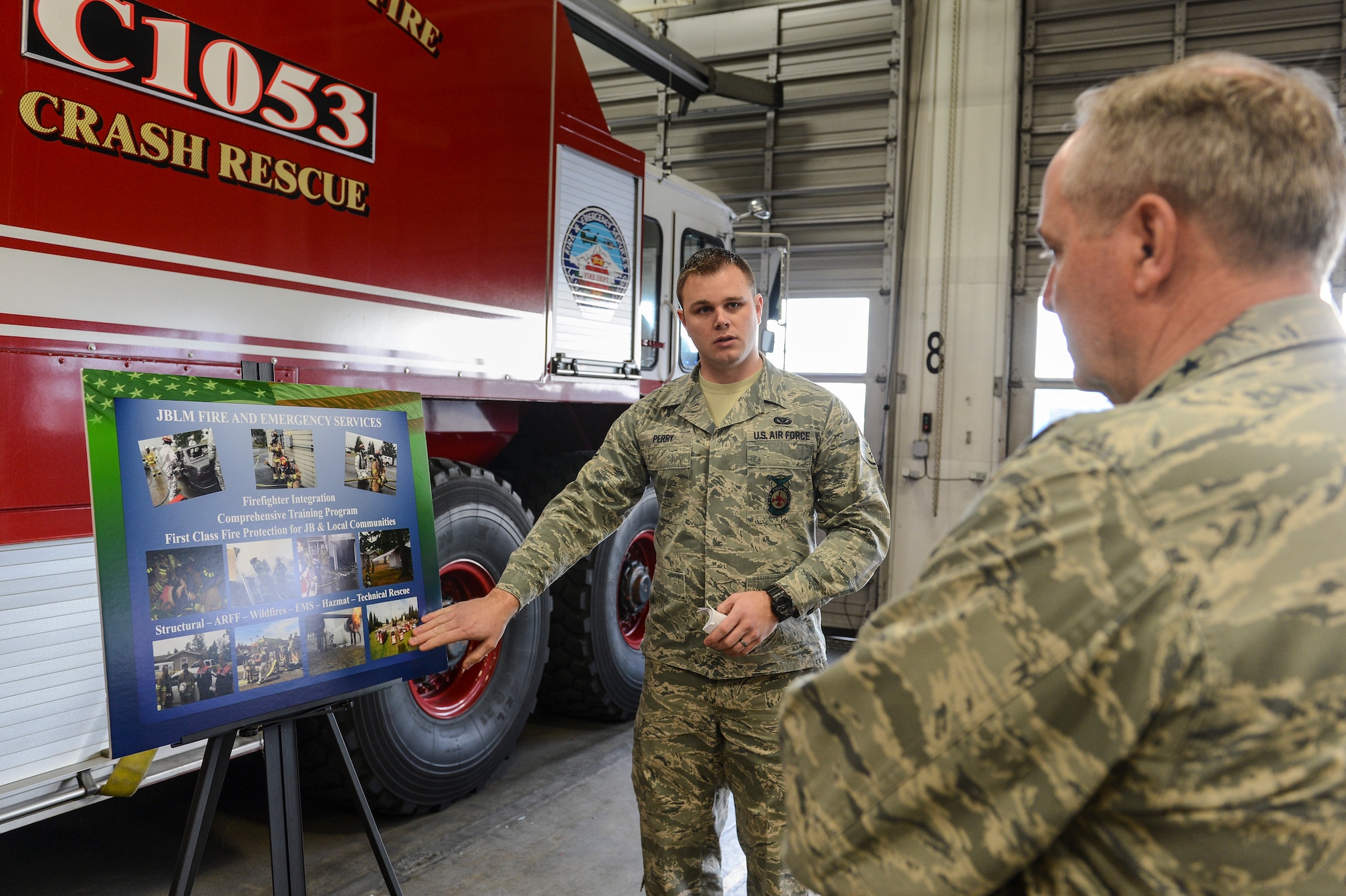 Staff Sgt. Benjamin Perry, 627th Civil Engineer Squadron firefighter, briefs Air Force Chief of Staff Gen. Mark A. Welsh III, Feb. 3, 2014, at Joint Base Lewis-McChord, Wash. Perry discussed his experiences as a firefighter and how he has benefited from working in a joint environment. (U.S. Air Force photo/Tech. Sgt. Sean Tobin)