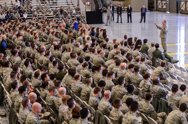 Air Force Chief of Staff Gen. Mark A. Welsh III addresses members of Team McChord, Feb. 3, 2014, during an all-call at Joint Base Lewis-McChord, Wash. To conclude the all-call, Welsh held a questions and answers session and addressed questions regarding force management, sexual assaults, modernization and other topics. (U.S. Air Force photo/Tech. Sgt. Sean Tobin)