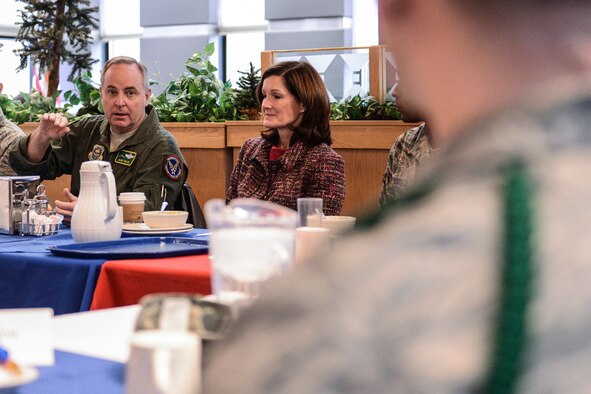 Air Force Chief of Staff Gen. Mark A. Welsh III and his wife, Betty, have breakfast with Team McChord Airmen and family members, Feb. 4, 2014, at the Olympic Dining Facility at Joint Base Lewis-McChord, Wash. Gen. and Mrs. Welsh answered questions from the group and thanked them for their continued dedication to service. (U.S. Air Force photo/Tech. Sgt. Sean Tobin)