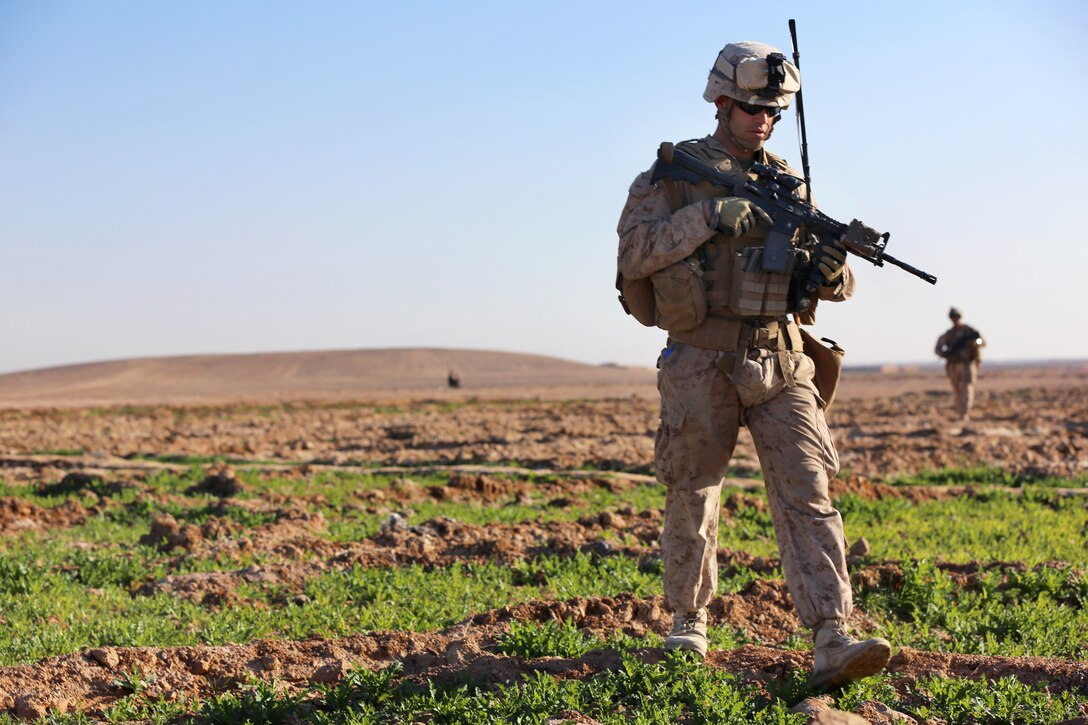 U.S. Marines conduct a patrol in an open field near Patrol Base Boldak in Helmand province, Afghanistan, Jan. 30, 2014. The Marines are assigned to Charlie Company, 1st Battalion, 9th Marine Regiment. The patrol was conducted to disrupt enemy activity in the area.