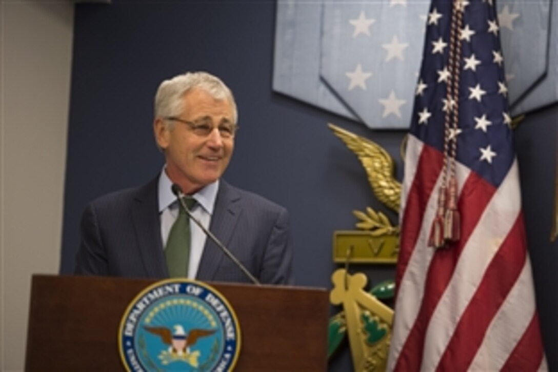 Defense Secretary Chuck Hagel delivers remarks during a ceremony at the Pentagon's Hall of Heroes, Feb. 6, 2014, to recognize the audit success of the U.S. Marine Corps and Defense Department organizations.