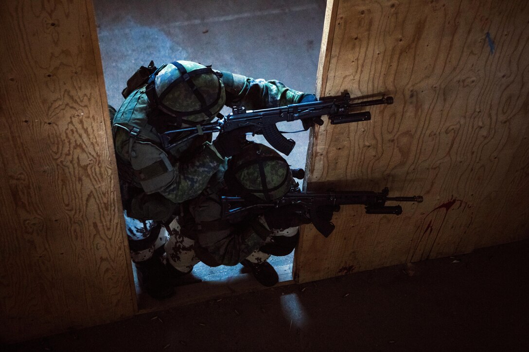 Two Finnish soldiers hold security down a hallway during a Military Operations in Urban Terrain Instructor’s course in Helsinki, Finland Jan. 17, 2014. The two-week long course focused on tactical movement in an urban environment, room breaching and clearing, combat lifesaving and medical evacuations, detainee handling, and live-fire ranges. The training and partnership between the U.S. and Finnish forces proved to be an integral part of BSRF-14’s mission of maintaining and further strengthening close-and-solid relationships while promoting regional stability and increasing interoperability with partner nations in the region.
