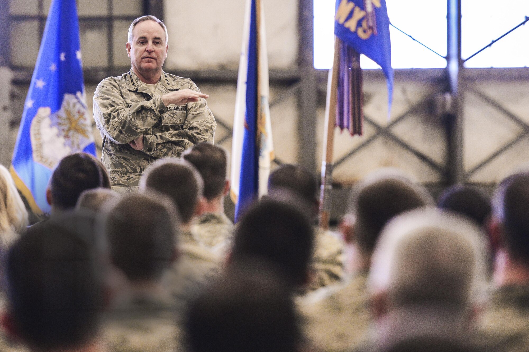 Air Force Chief of Staff Gen. Mark A. Welsh III addresses members of Team McChord, Feb. 3, 2014, during an all-call at Joint Base Lewis-McChord, Wash. During the all-call, Welsh discussed various topics including force management and modernization. (U.S. Air Force photo/Tech. Sgt. Sean Tobin)