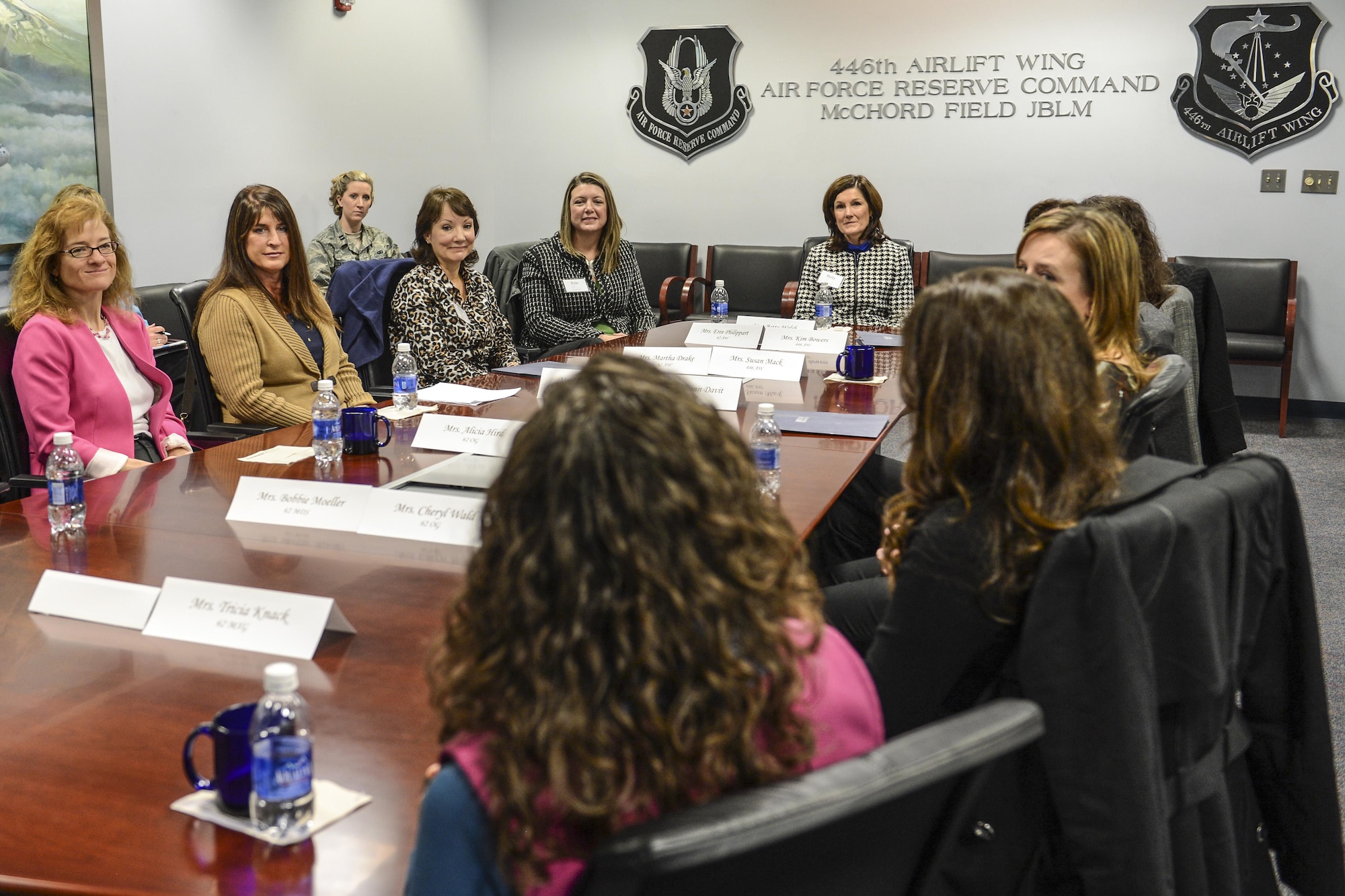 At the head of the table, Betty Welsh, wife of Air Force Chief of Staff Gen. Mark A. Welsh III., discusses family support programs with Team McChord key spouses Feb. 3, 2014, at Joint Base Lewis-McChord, Wash. During their visit to JBLM, Gen. and Mrs. Welsh visited with Airmen and family members to address concerns and to thank the members of Team McChord for their dedication to service. (U.S. Air Force photo/Airman 1st Class Jacob Jimenez)