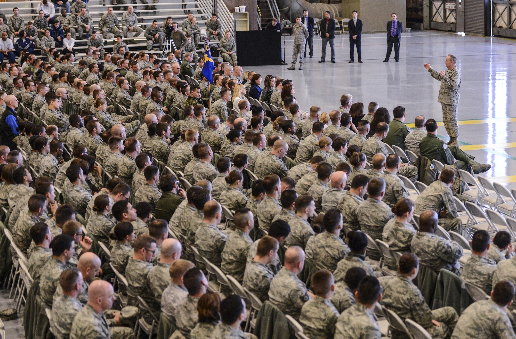 Air Force Chief of Staff Gen. Mark A. Welsh III addresses members of Team McChord, Feb. 3, 2014, during an all-call at Joint Base Lewis-McChord, Wash. To conclude the all-call, Welsh held a questions and answers session and addressed questions regarding force management, sexual assaults, modernization and other topics. (U.S. Air Force photo/Tech. Sgt. Sean Tobin)