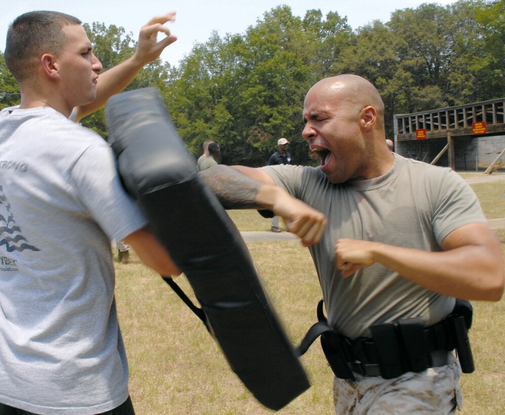 Sgt. Felipe Acevedo III, ammunition chief, Logistics Support Division, Marine Corps Logistics Base Albany, drives his elbow into the pad during Security Augmentation Force training, here.
