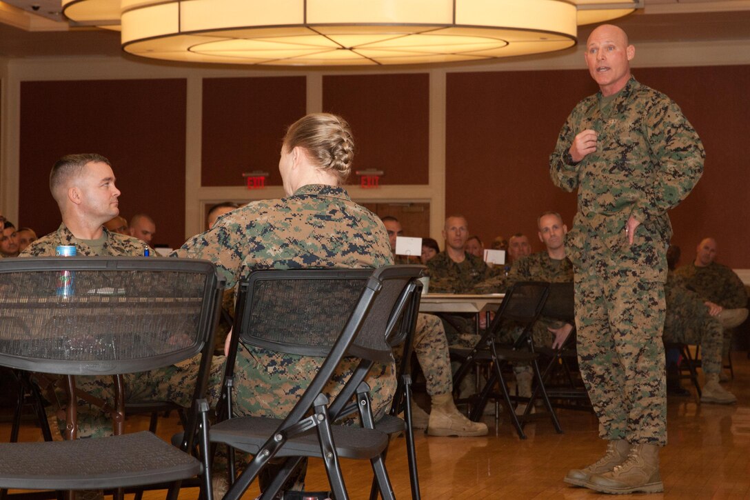 Sgt. Maj. Micheal P. Barrett, the 17th Sergeant Major of the Marine Corps, speaks at an E-9 conference at Marine Corps Base Camp Lejeune, N.C., on Feb. 5, 2014. (U.S. Marine Corps photo by Lance Cpl. Alejandro Sierras)

