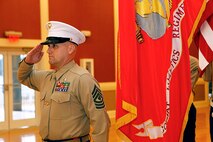 First Sergeant Kevin E. Hart renders a final salute during a retirement ceremony aboard Camp Lejeune, N.C., Feb. 7, 2014. 1st Sgt. Hart is the Company First Sergeant of Headquarters and Service Company, Combat Logistics Regiment 27, 2nd Marine Logistics Group, and has served for 25 years. (U.S. Marine Corps photo by Lance Cpl. Desiré M. Mora)
