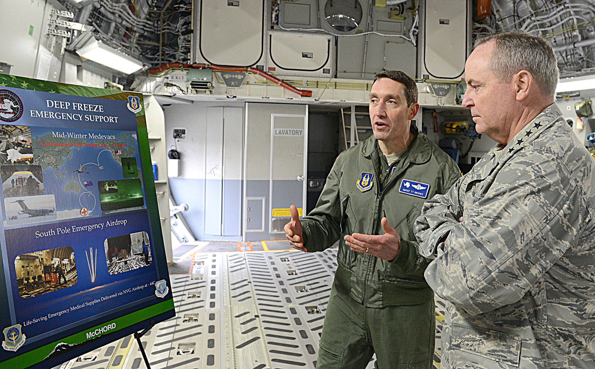 Senior Master Sgt. Ty Brooks, 97th Airlift Squadron, talks to Air Force Chief of Staff Gen. Mark A. Welsh III.,about Operation Deep Freeze during his visit to Joint Base Lewis-McChord, Wash., Jan. 31-Feb. 4. (U.S. Air Force photo by Tech. Sgt. Sean Tobin)