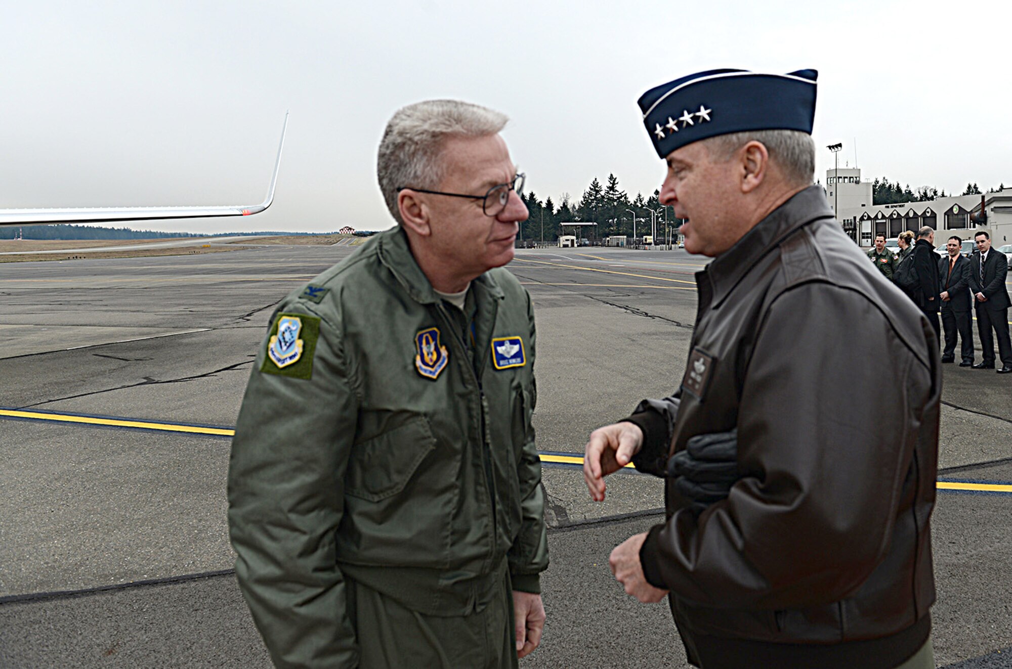 Col. Bruce Bowers, 446th Airift Wing commander, talks to Air Force Chief of Staff Gen. Mark A. Welsh III., prior to his departure after visiting Joint Base Lewis-McChord, Wash., Jan. 31-Feb. 4. (U.S. Air Force photo by Tech. Sgt. Sean Tobin)