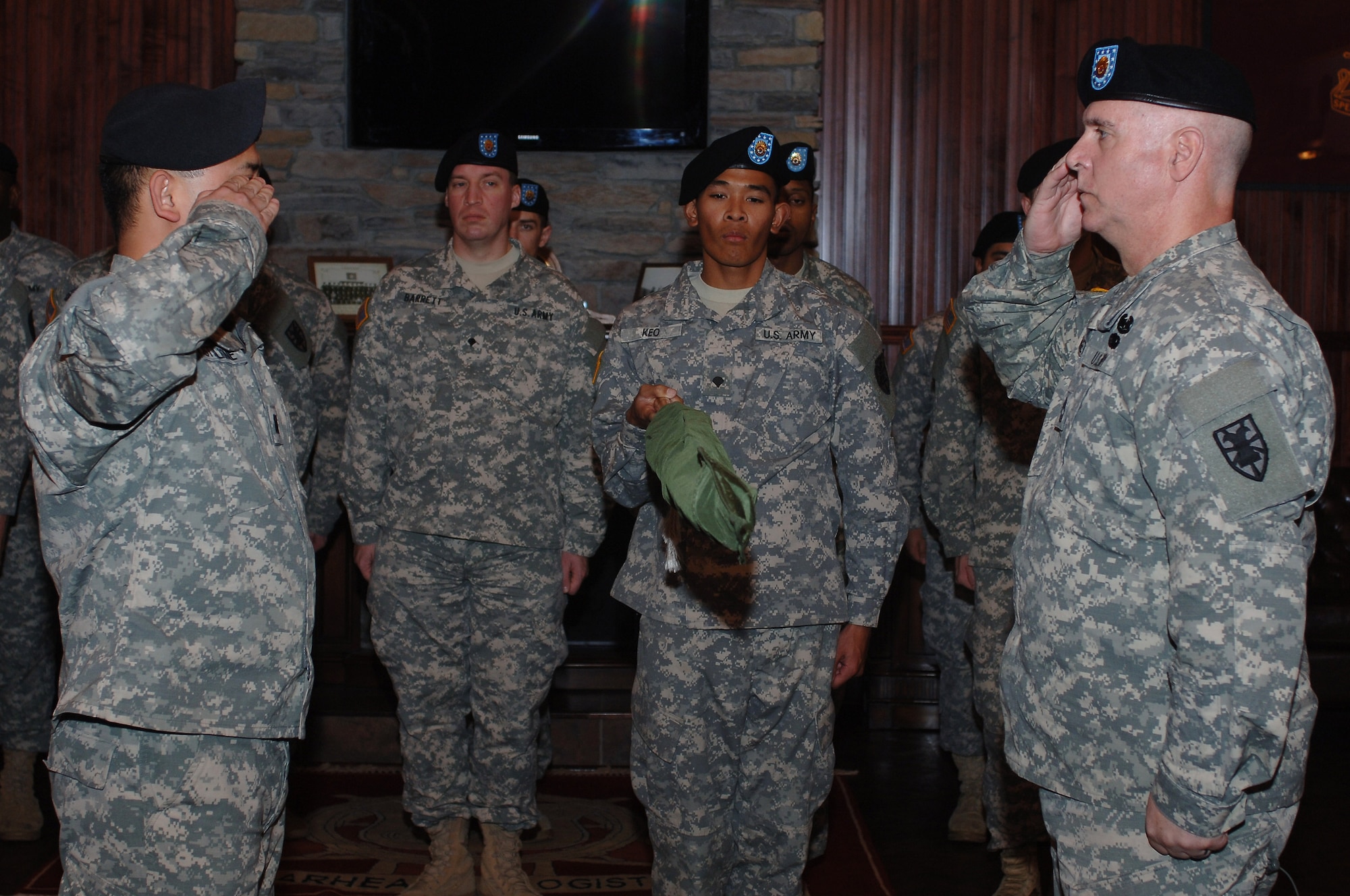 U.S. Army Capt. Matthew Castiglione , 382nd Transportation Theater Opening Element, Special Troops Battalion, 7th Transportation Brigade (Expeditionary) commander, and Master Sgt. Eric Clevenger , 382nd TTOE first sergeant, case the colors of the 382nd TTOE during an inactivation ceremony at Fort Eustis, Va., Feb. 6, 2014. The unit was assigned to Fort Eustis on Oct. 16, 2006. (U.S. Air Force photo by Senior Airman Teresa Aber/Released)