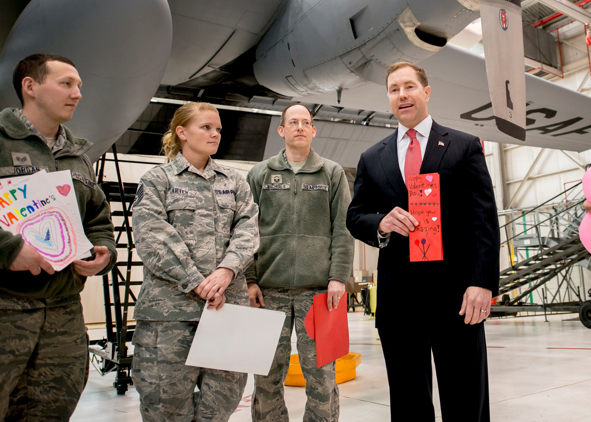 Erie County Legislator Edward A. Rath III, meets with members of the 914th and 107th Airlift Wings while he delivers hundreds of Valentine’s Day cards made by local school children during a presentation at the Niagara Falls Air Reserve Station February 7, 2014, Niagara Falls, NY. In the weeks leading up to Valentine’s Day, Legislator Rath visited the schools to personally collect the cards and thank the students for their participation. When meeting with the students, Legislator Rath encouraged them to honor veterans year round and to always thank a veteran or member of the military when they have a chance. (U.S. Air Force photo by Tech. Sgt. Joseph McKee)