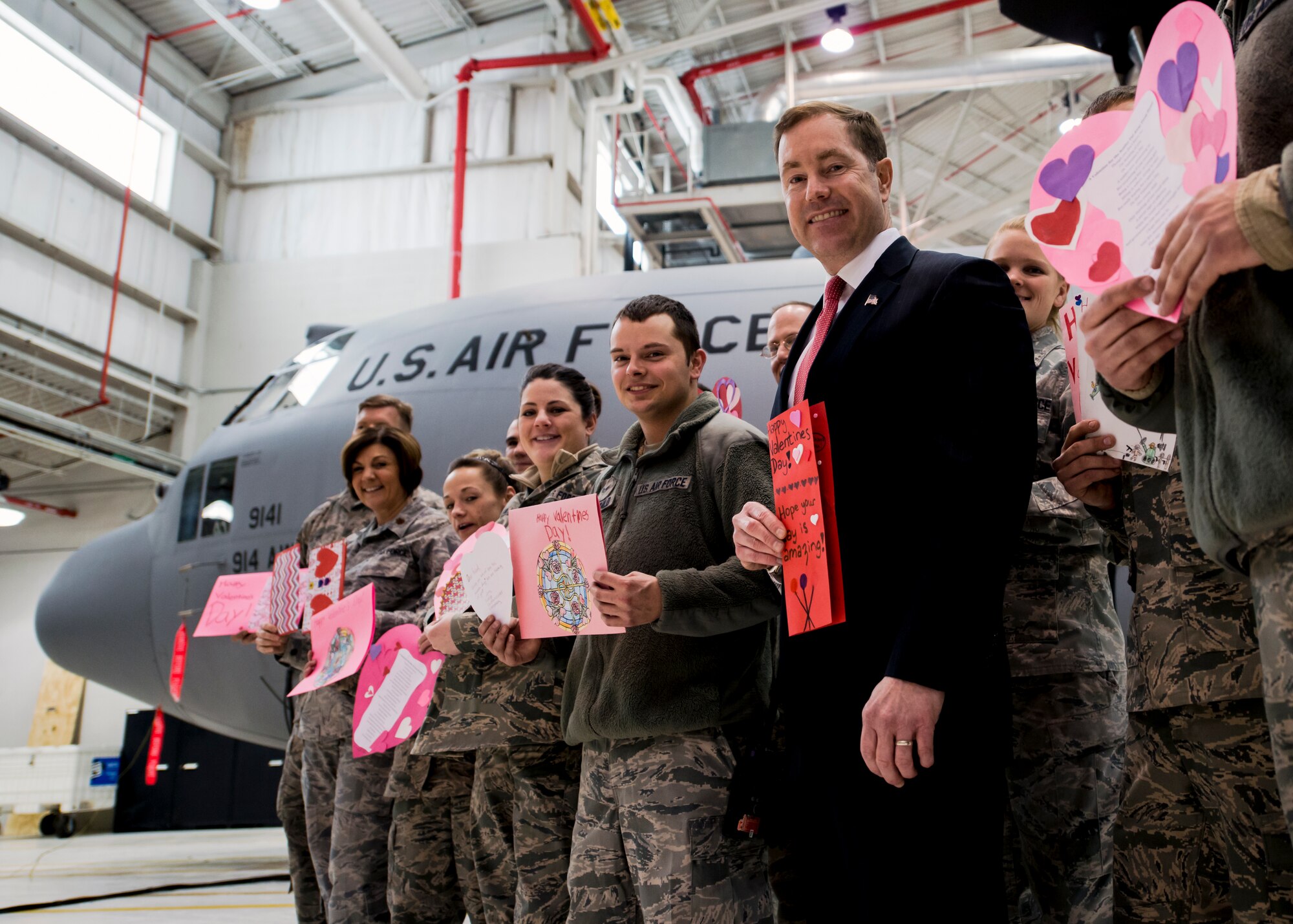 Erie County Legislator Edward A. Rath III, meets with members of the 914th and 107th Airlift Wings while he delivers hundreds of Valentine’s Day cards made by local school children during a presentation at the Niagara Falls Air Reserve Station February 7, 2014, Niagara Falls, NY. In the weeks leading up to Valentine’s Day, Legislator Rath visited the schools to personally collect the cards and thank the students for their participation. When meeting with the students, Legislator Rath encouraged them to honor veterans year round and to always thank a veteran or member of the military when they have a chance. (U.S. Air Force photo by Tech. Sgt. Joseph McKee)