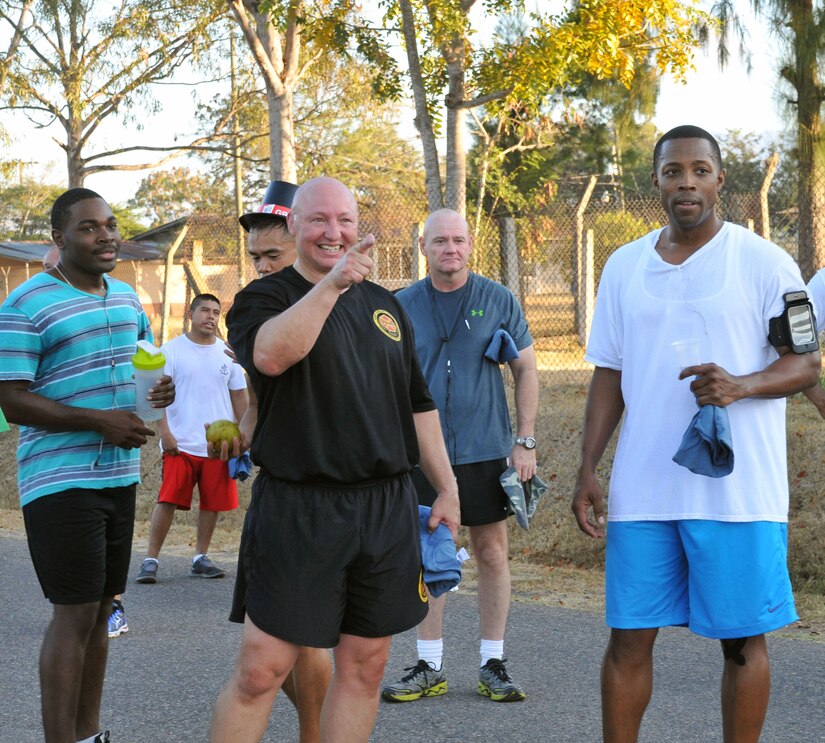 Joint Task Force-Bravo members participate in the 2014 Groundhog Day with 5k fun run/walk at Soto Cano Air Base, Honduras, Feb. 07, 2014. Top hats and Groundhog Day themed headpieces were handed out. The race was organized by the Army Support Activity's (ASA) Department of Family Morale Welfare and Recreation. (Photo by Ana Fonseca) 