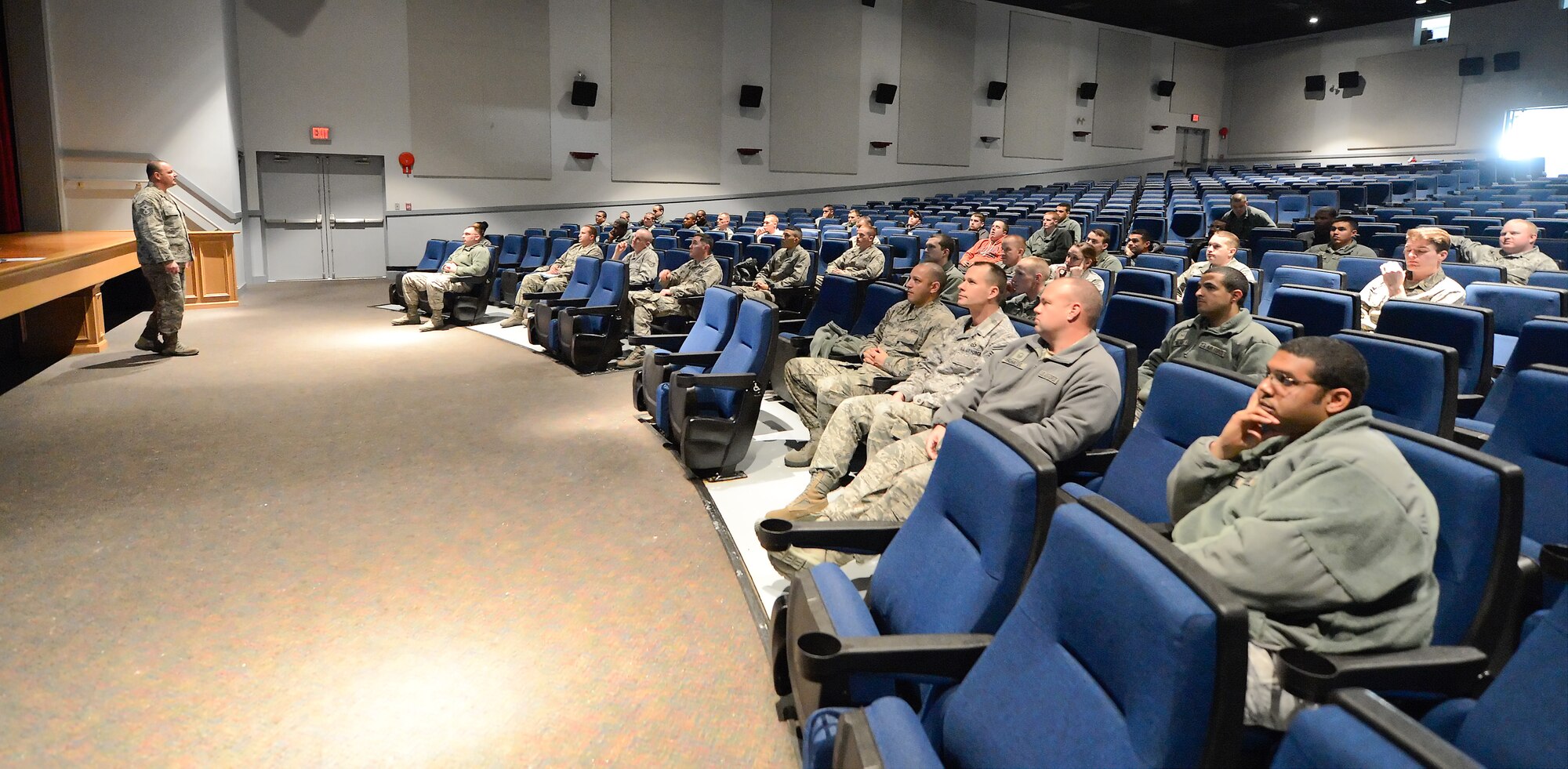 Airmen from Team Dover attend an motorcycle safety all-call Jan. 31, 2014, at the base theater on Dover Air Force Base, Del. Chief Master Sgt. James Smith, 436th Airlift Wing command chief, briefed the Airmen on recent motorcycle mishaps that have occurred at Dover AFB. (U.S. Air Force photo/Greg L. Davis)