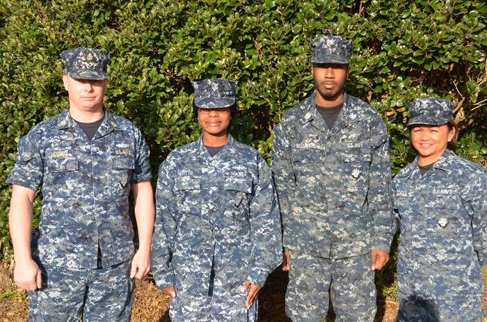 Naval Support Activity recently held their monthly awards ceremony. (Left to right) Chief Petty Officer Eric Combs received the Navy and Marine Corps Commendation Medal, Petty Officer 1st Class Alicia Pitts received a Flag Letter of Commendation, Petty Officer Third Class Justin Boulware received a Flag Letter of Commendation and Petty Officer 1st Class Anabelle Craddock received the Navy and Marine Corps Achievement Medal. Not pictured is Petty Officer 2nd Class JessicaRose Thurber who received a Flag Letter of Commendation. (U.S. Navy photo/Eric Sesit)