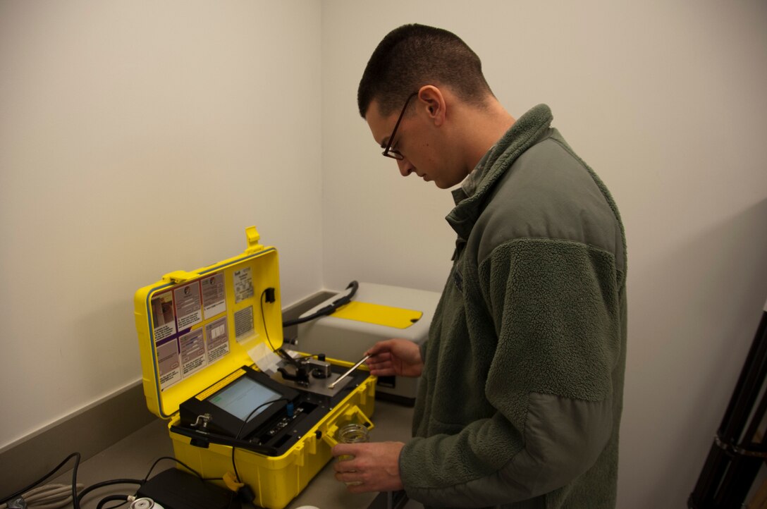 Senior Airman Casey Mowatt, 82nd Medical Group bioenvironmental technician, demonstrates his routine inspection of equipment during biomedical science corps appreciation week Jan. 27 -30, 2014. Bioenvironmental engineering is one of the 17 different specialties that are part of the bio medical science corps. (U.S. Air Force photo by Airman 1st Class Robert L. McIlrath)