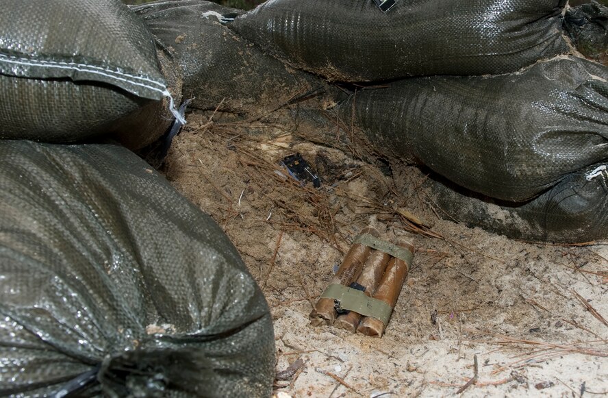 A nest of simulated dynamite sits on the ground surrounded by a barrier at the 1st Special Operations Civil Engineer Squadron explosive ordnance disposal compound on Hurlburt Field, Fla., Feb. 6, 2014. EOD technicians used various tools including simulated explosives to train for real-world scenarios. (U.S. Air Force photo/Senior Airman Naomi Griego)