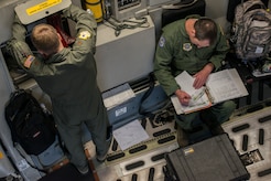 Major Eric Peterson (left), 17th Airlift Squadron pilot, and Tech. Sgt. Joe York, 17th AS NCO in charge of standards and evaluations, perform initial checks prior to take-off Feb. 5, 2014, on a C-17 Globemaster III at Joint Base Charleston – Air Base, S.C. The Kuwait Air Force recently purchased a second C-17 and 17th AS Airmen were to familiarize the Kuwait flight crew on the operations and maintenance of the C-17. (U.S. Air Force photo/ Airman 1st Class Clayton Cupit)