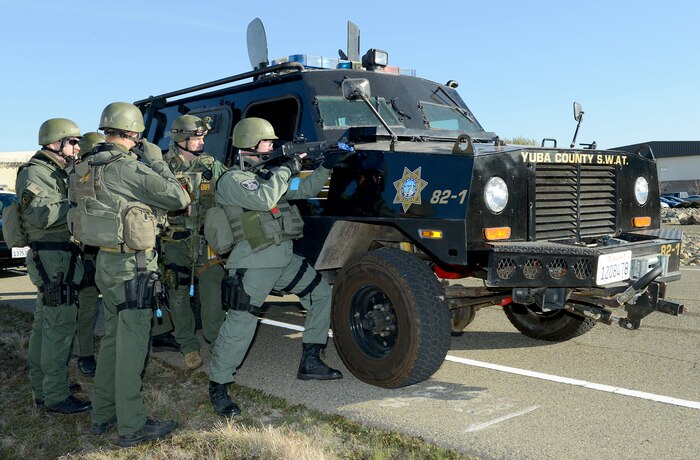 A Yuba County SWAT team participates in an active shooter exercise at Beale Air Force Base, Calif., Feb. 5, 2014. More than 20 base and local agencies participated in the exercise. (U.S. Air Force photo by John Schwab/Released)