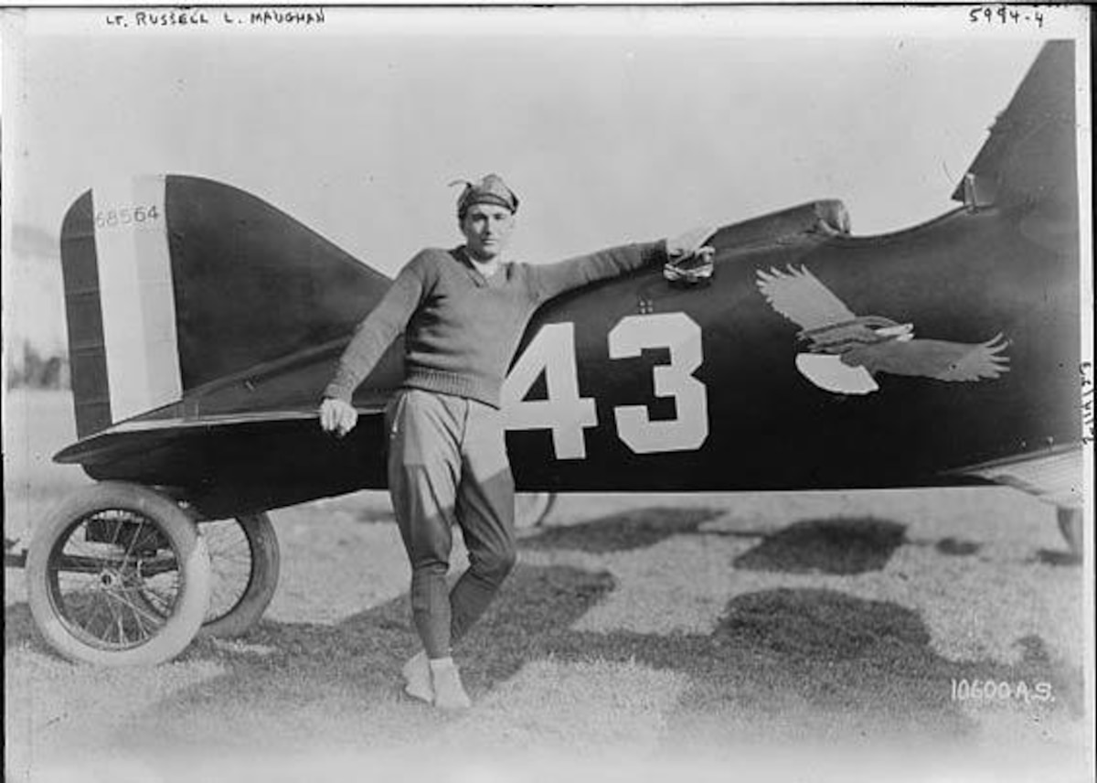 Russell Maughan is seen at Selfridge Field on Oct. 14, 1922 in this historic photo. The aircraft is a Curtiss R-6. Maughan served with distinction with the 139th Pursuit Squadron during World War I, shooting down four German aircraft. He was awarded the Distinguished Service Cross, the nation's second highest combat award. Winner of the 1922 National Air Races Pulitzer Race at Selfridge Field, he also won the 1923 Fairfield Race. Maughan was the first pilot to fly dawn-to-dusk, coast-to-coast on June 23, 1924. He was the Secretary of Aviation and Consultant to the Philippine Cabinet from 1930 to 1932 and surveyed and selected airfields for the first secret Ferry Routes through Greenland and Iceland to Great Britain during 1939. Maughan led both Troop Carrier and Bomber Groups on combat missions over Europe during World War II. (Air Force photo)
