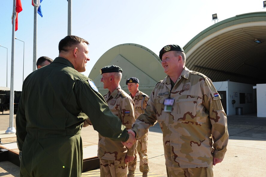INCIRLIK AIR BASE, Turkey – The U.S. Air Forces in Europe and Air Forces Africa commander Gen. Frank Gorenc (left), is greeted by Dutch Col. Laurens Jobse, commander 1 NLD Ballistic Missile Defense Task Force, on Incirlik Air Base, Turkey, Feb. 5, 2014. Gorenc was briefed on mission operations conducted by the 1 (NLD)BMDT here. The general traveled to Incirlik AB and other U.S. military units across Turkey to visit service members and to see firsthand their role in current NATO and USAFE-AFAFRICA operations. (U.S. Air Force photo by Airman 1st Class Nicole Sikorski/Released)