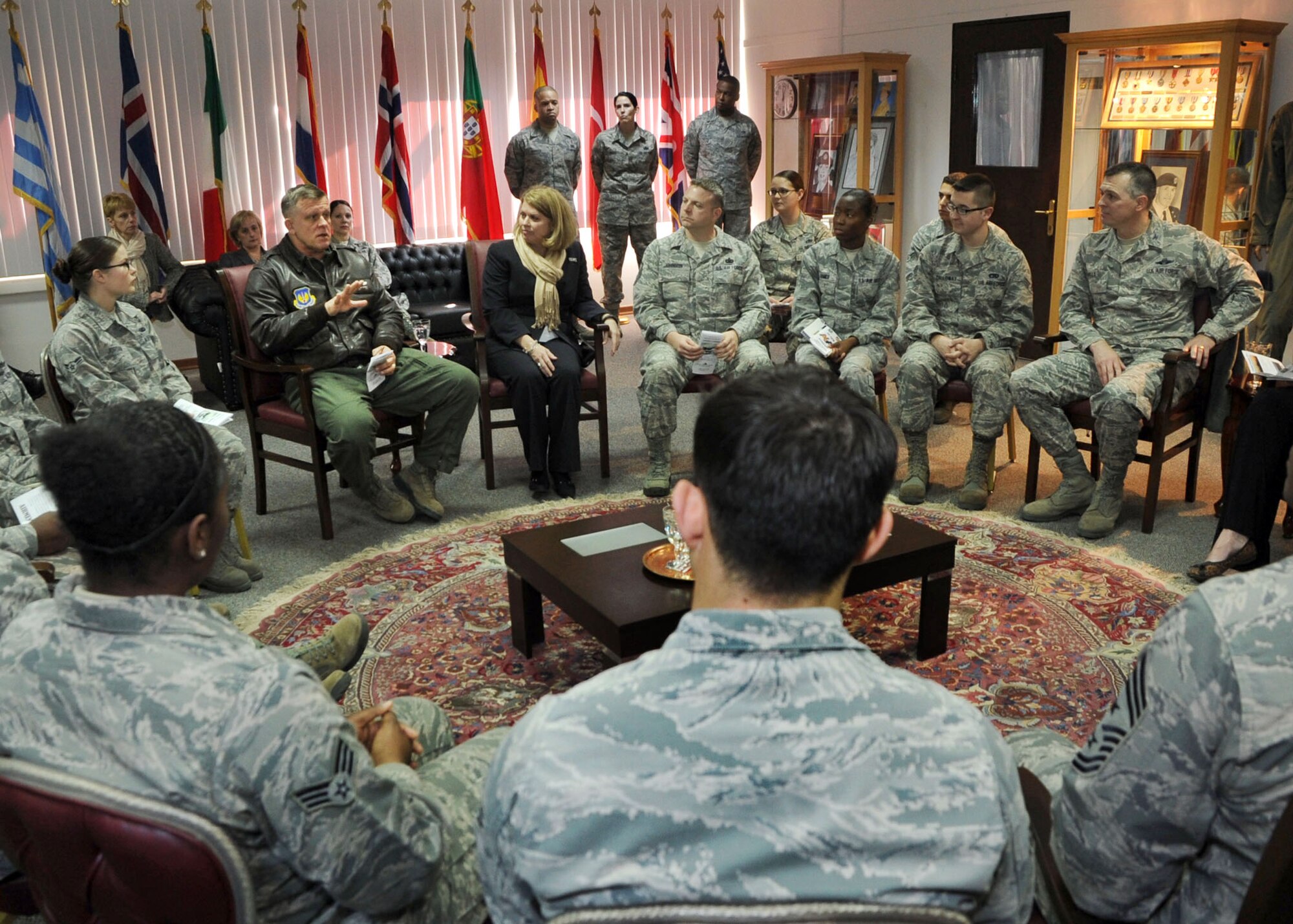 INCIRLIK AIR BASE, Turkey – The U.S. Air Forces in Europe and Air Forces Africa commander Gen. Frank Gorenc, sits with Airmen from the 39th Air Base Wing at Incirlik Air Base for a round table discussion Feb. 4, 2014. The conversation gave the Airmen an opportunity to discuss firsthand experience being involved with the USAFE-AFAFRICA motto: “Forward, Ready, Now” as well as the “Step Up, Step In” campaign. (U.S. Air Force photo by Staff Sgt. Veronica Pierce/Released)