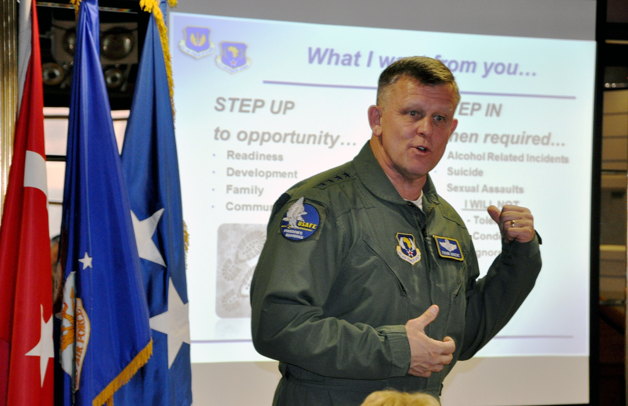 Gen. Frank Gorenc, U.S. Air Forces in Europe and Air Forces in Africa
commander, speaks with Airmen from the 425th Air Base Squadron at the Izmir
Club Feb. 6, 2014, in Izmir, Turkey. Gorenc covered many topics to include,
the "Step Up, Step In" personal responsibility campaign, sexual assault, the
command's strategy and force shaping. (Photo by Tanju Varlikli/Released)
