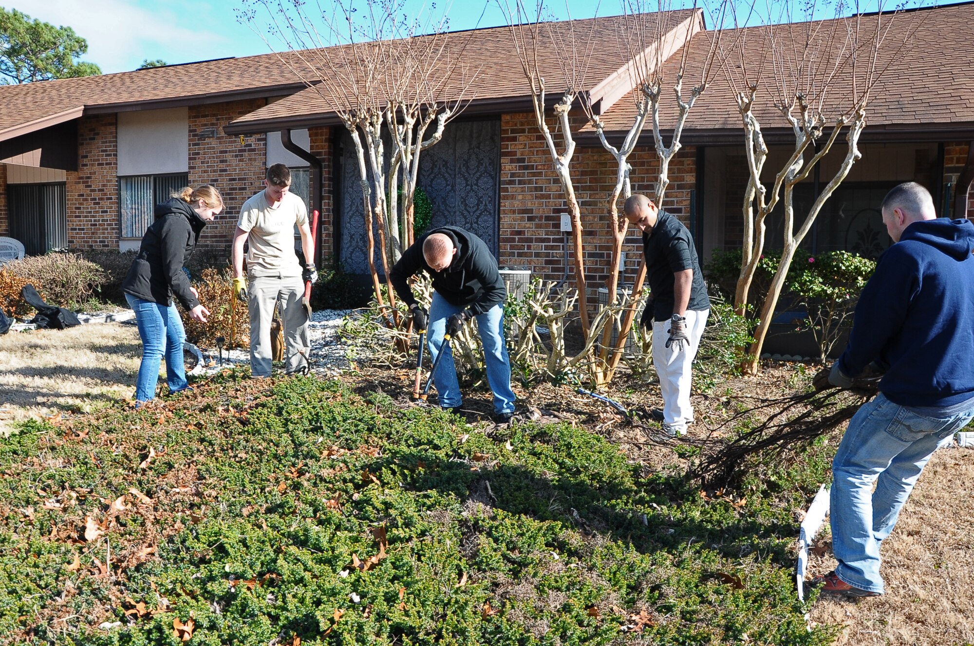 Five of the volunteers work at clearing a large over-grown plant that was invasive to the land around it at one of the resident’s homes in the Air Force Enlisted Village Jan. 25. Residents knew in advance that a group of “honey-doers” were coming down to the village. They had the opportunity to fill out forms asking for the Airmen’s help. (U.S. Air Force Photo/Tech. Sgt. Sarah Heideman)