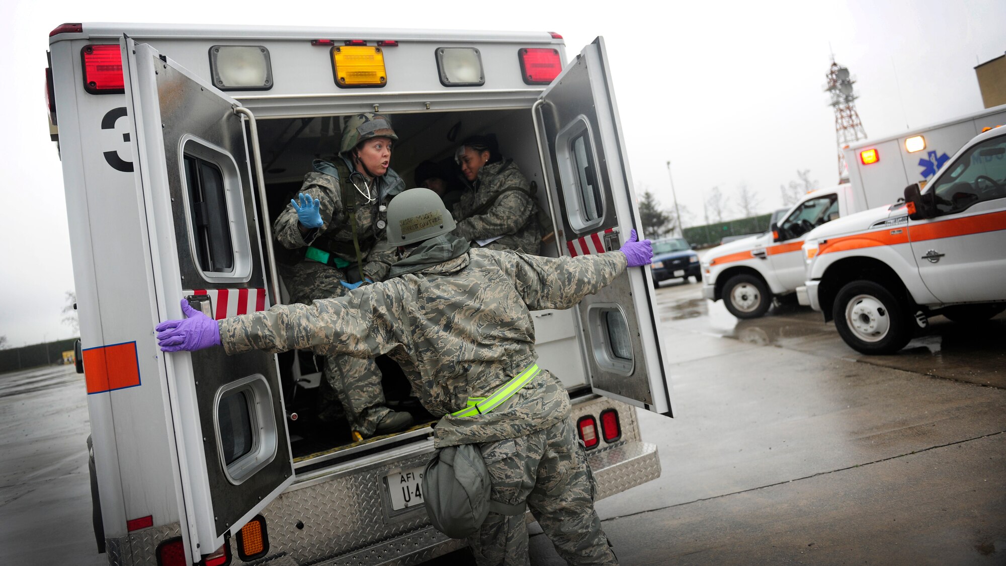 Medics from the 31st Medical Group, respond to a simulated scenario during an inspection, Feb. 5, 2014, at Aviano Air Base, Italy. Emergency responders participated in several simulated scenarios during a week-long inspection, which tested the wing’s ability to respond to emergency situations. (U.S. Air Force photo/ Staff Sgt. Evelyn Chavez)