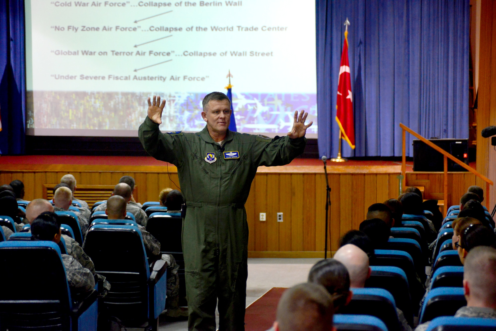 INCIRLIK AIR BASE, Turkey – The U.S. Air Forces in Europe and Air Forces Africa commander Gen. Frank Gorenc, addresses Airmen during a commander’s call on Incirlik Air Base on Feb. 4, 2014.  The general traveled to Incirlik Air Base and other U.S. military units across Turkey to visit service members and to see firsthand their role in current NATO and USAFE-AFAFRICA operations.  He also spoke to Airmen and their spouses about overall morale and welfare topics and shared the significance of the USAFE-AFAFRICA motto: “Forward, Ready, Now” as well as the “Step Up, Step In” campaign. (U.S. Air Force photo by Staff Sgt. Eric Summers Jr./Released)