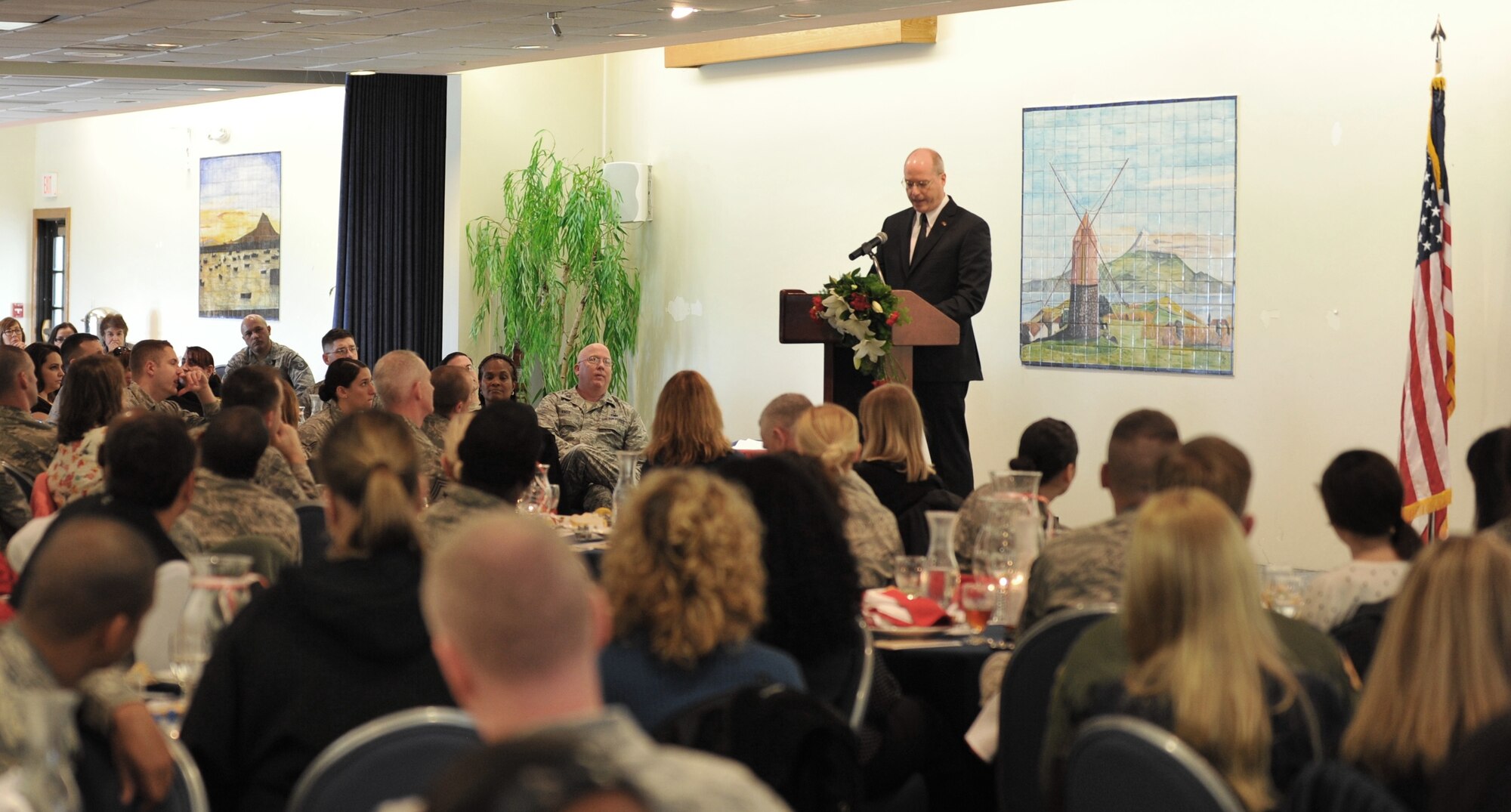 Two hundred Lajes members attended the National Prayer Luncheon Feb. 5 to pray for the base, community and government, as well as listen to guest speaker U.S. Army Col. (ret.) Keith Morgan highlight the importance of spirituality. The Lajes Field Chapel presented several events Feb. 4 through 6 focusing on resiliency and spirituality, one pillar of Comprehensive Airman Fitness. Comprehensive Airman Fitness is an Air Force-wide initiative based on improving Airman readiness by solidifying the mental, physical, social and spiritual pillars. (U.S. Air Force photo by Staff Sgt. Angelique N. Smythe)