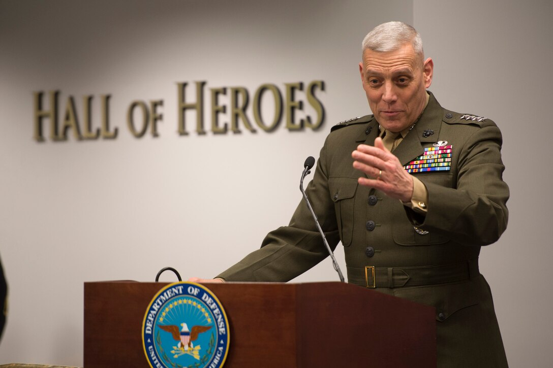 Marine Gen. John M. Paxton Jr., assistant Marine Corps commandant, delivers remarks during a ceremony at the Pentagon's Hall of Heroes, Feb. 6, 2014, to recognize the audit success of the U.S. Marine Corps and Defense Department organizations.