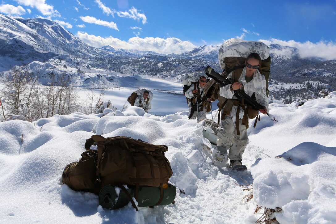 Marine Corps Lance Cpl. Eleanor H. Roper, front, pulls a weather infantry kit up a slope during a field exercise on Marine Corps Mountain Warfare Training Center in Bridgeport, Calif., Jan. 31, 2014. Roper, a field radio operator, is assigned to Ragnarok Company, 2nd Supply Battalion, 2nd Marine Logistics Group.
