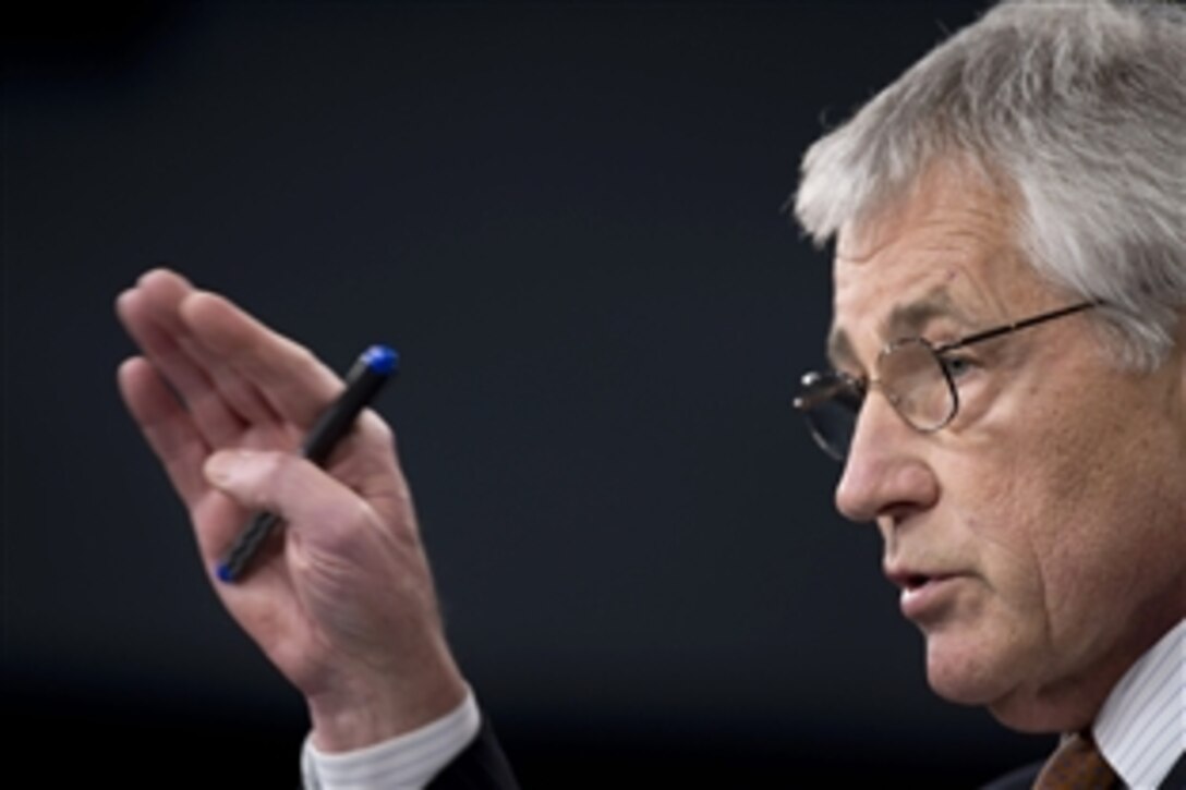 Defense Secretary Chuck Hagel briefs reporters at the Pentagon, Feb. 7, 2014. Hagel discussed the nomination of retired Marine Corps Col. Robert O. Work as the next deputy defense secretary and discussed issues including an effort to strengthen ethical behavior within the Defense Department.