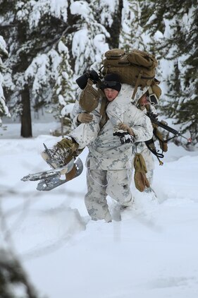 Lance Cpl. Jordan Gruskin carries Pfc. Michael Humer as a simulated casualty during an assault on an enemy position during the final six-day field exercise for Mountain Exercise winter training package at MCMWTC Bridgeport, Calif., Feb. 4, 2014. Gruskin is a fire team leader and Orlando native and Humer is and assaultman and Miami native. The Warlords and its attached units underwent the winter training package at MCMWTC to prepare for the upcoming a multi-lateral joint and combined exercise Cold Response, which will take place in March of 2014 in Norway.