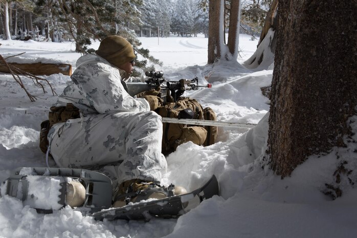 A Marine from Golf Company, 2nd Battalion, 2nd Marine Regiment, 2nd Marine Division provides over watch against a potential threat during the final six-day field exercise for Mountain Exercise winter training package at MCMWTC Bridgeport, Calif., Jan. 31, 2014. The Warlords and its attached units underwent the winter training package at MCMWTC to prepare for the upcoming a multi-lateral joint and combined exercise Cold Response, which will take place in March of 2014 in Norway.