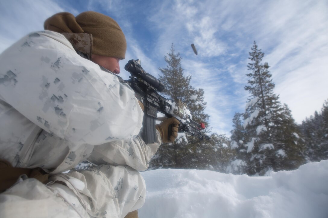 A Marine from Golf Company, 2nd Battalion, 2nd Marine Regiment, 2nd Marine Division at the enemy fires for other Marines to maneuver during an assault on an enemy position during the final six-day field exercise for Mountain Exercise winter training package at MCMWTC Bridgeport, Calif., Feb. 4, 2014. The Warlords and its attached units underwent the winter training package at MCMWTC to prepare for the upcoming a multi-lateral joint and combined exercise Cold Response, which will take place in March of 2014 in Norway.