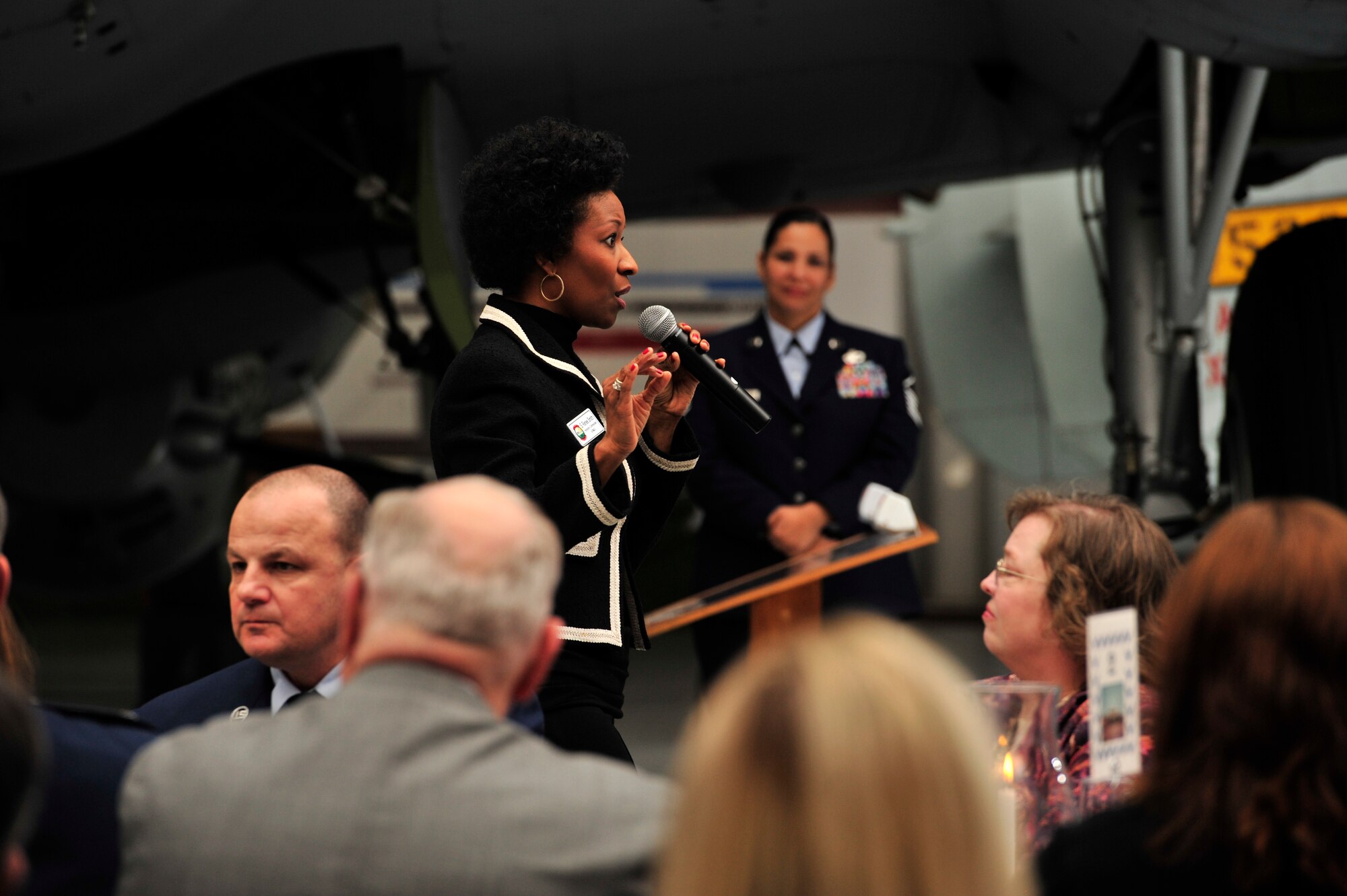 Ms. S. Renee Smith, image consultant, motivational speaker and author, speaks during the 2014 honorary commander induction ceremony Feb. 8, 2014, at the Air Mobility Command Museum, Dover Air Force Base, Del. Smith was the event’s guest speaker. She served as a 2013 honorary commander for the 436th Aircraft Maintenance Squadron and will serve as a 2014 honorary commander for Air Force Mortuary Affairs Operations. (U.S. Air Force photo/Staff Sgt. Elizabeth Morris)