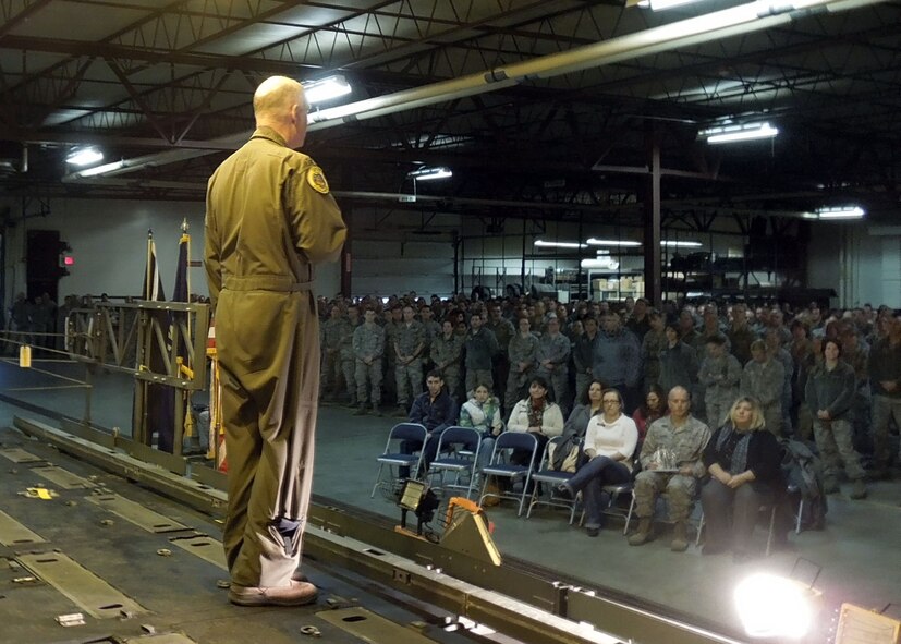 120th Fighter Wing Commander Col. J. Peter Hronek addresses unit members and their families during the wing awards ceremony held during the January unit training assembly. National Guard photo/Senior Master Sgt. Eric Peterson 