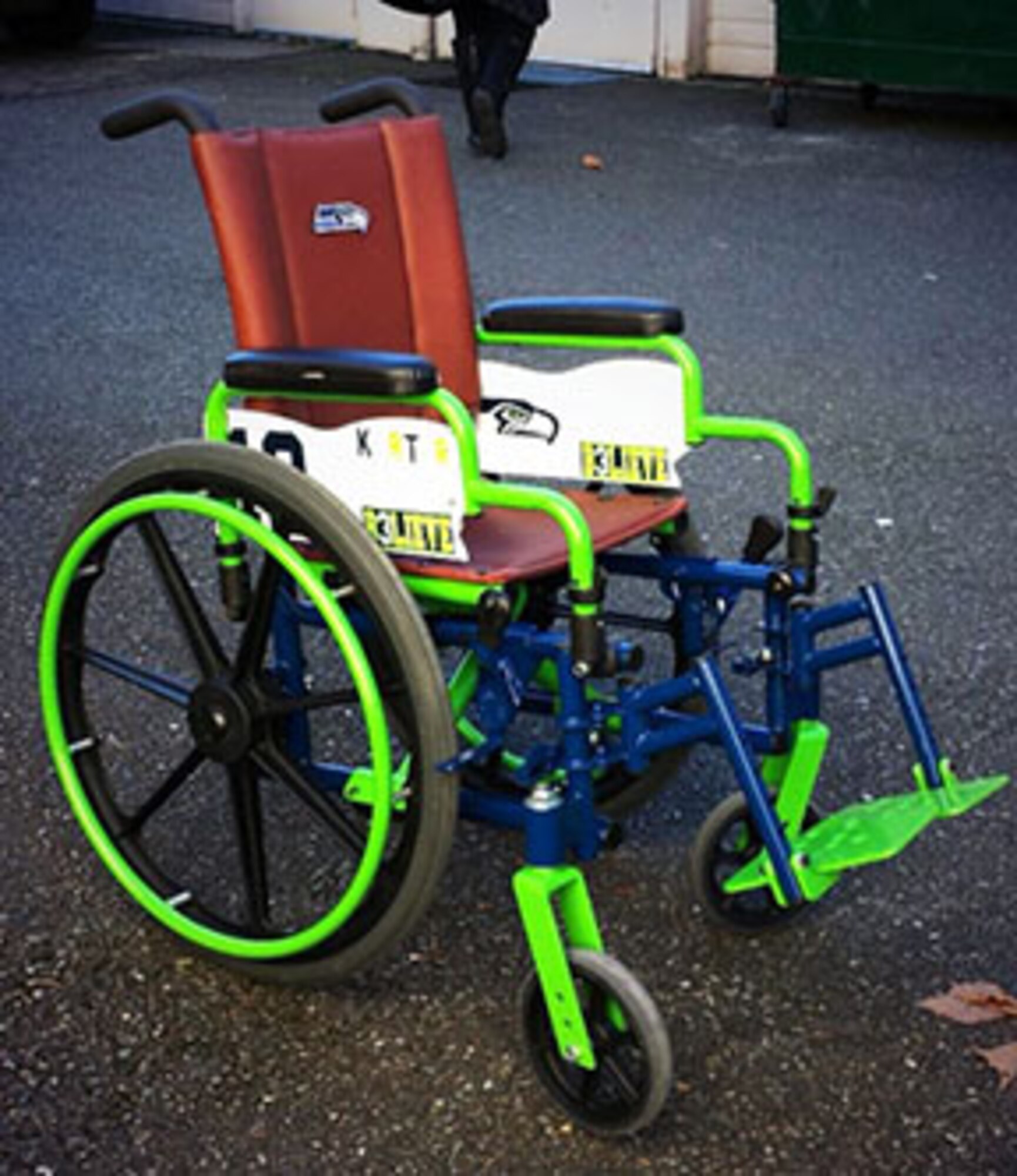 This wheelchair is the "after" photo of Karter Lee's, a Seattle Seahawk fan, wheelchair. Karter had a wish of having a hawk themed wheelchair, and this wish became reality because of a team of fellow fans. (Photo courtesy of Tech. Sgt. Shawn Walker)