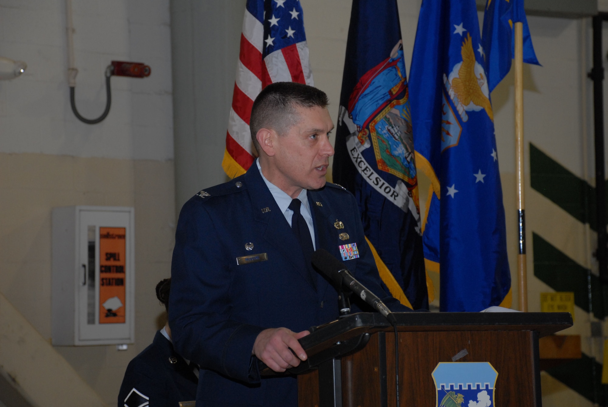 Colonel Donald V. McGuire addresses members and guests of the 107th Mission Support Group during an Assumption of Command ceremony held at the Niagara Falls Air Reserve Station Feb. 8, 2014.  McGuire replaces Col. Timothy G. Vaughn as MSG Commander. (U.S. Air National Guard photo/ Senior Airman Daniel Fravel)