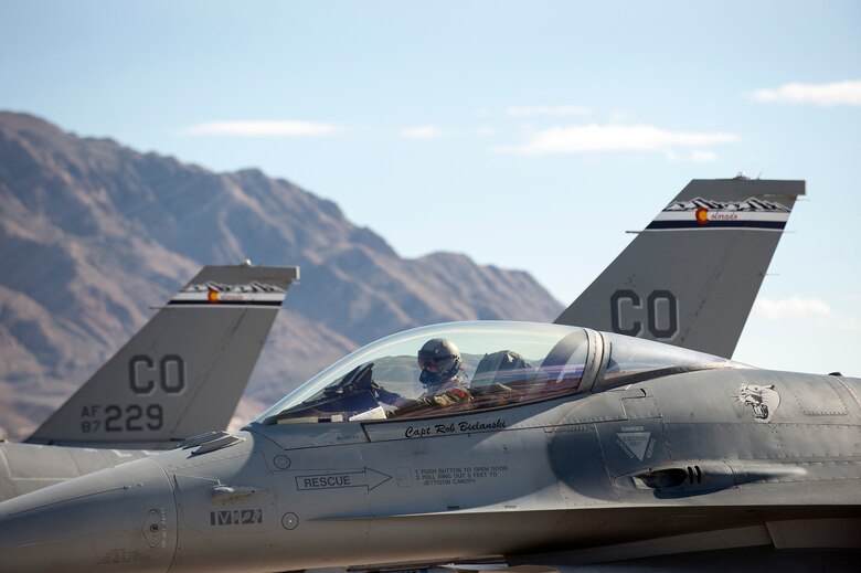 U.S. Air Force Maj. Jeremiah Tucker, 120th Fighter Squadron, Colorado Air National Guard looks over his F-16 Fighting Falcon instrument panel before departing on a training mission during Red Flag 14-1, at Nellis Air Force Base, Nev., Feb. 03, 2014. Combat units come together from the United States and its allied countries to engage in realistic combat training scenarios within Nellis’ 2.9 million acre Test and Training Range Complex. (U.S. Air National Guard photo/Tech. Sgt. Wolfram M. Stumpf)