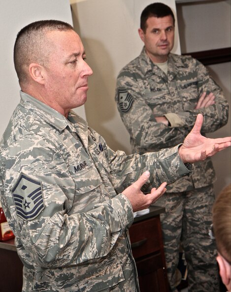 Master Sgt. Sean Murnane, First Sergeant for the 932nd Airlift Wing Medical Squadron, speaks during a First Sergeant recruiting luncheon at the Nightingale Dinning Facility Feb. 8th, Scott Air Force Base. For more information about becoming a First Sergeant, contact your local Command Chief.  (U.S. Air Force photo / Tech. Sgt. Christopher Parr)