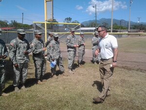 Eric Herr, U.S. Army South Mortuary Affairs Officer, instructs members of Joint Task Force-Bravo during a mortuary affairs course conducted at Soto Cano Air Base, Honduras, Feb. 4-6, 2014.  The course trained servicemembers in the proper handling, care, and retrieval of remains and personal effects in the event of a casualty.  (Courtesy photo)