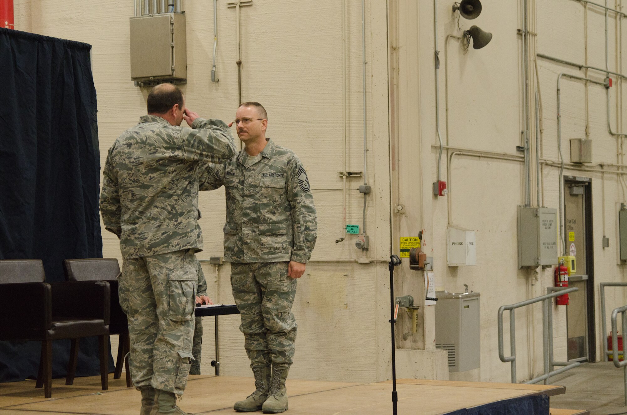 U.S. Air Force Chief Master Sgt. Randy Miller assumes authority of the 139th Airlift Wing’s highest enlisted position, command chief master sergeant, at Rosecrans Air National Guard Base, Mo., Feb. 8, 2014.  Miller has nearly 30 years of service with the 139th Airlift Wing. (U.S. Air National Guard photo by Tech. Sgt. Theo Ramsey/Released)